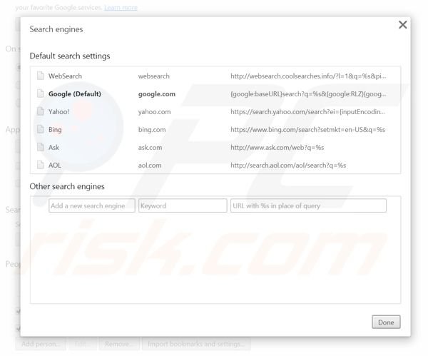 Eliminando websearch.coolsearches.info del motor de búsqueda por defecto de Google Chrome