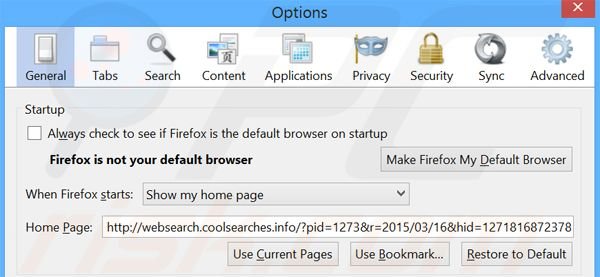 Eliminando websearch.coolsearches.info de la página de inicio de Mozilla Firefox