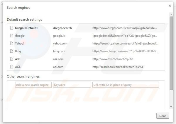 Eliminando dregol.com del motor de búsqueda por defecto de Google Chrome