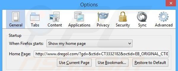Eliminando dregol.com de la página de inicio de Mozilla Firefox