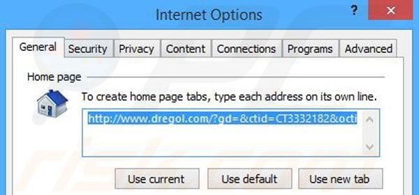 Eliminando dregol.com de la página de inicio de Internet Explorer