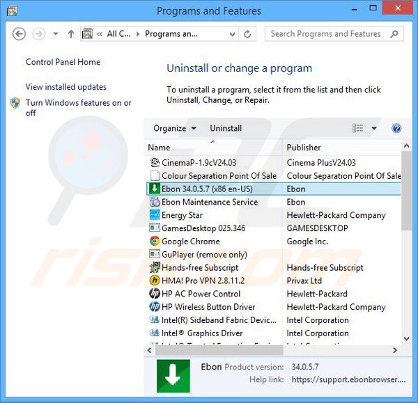 desinstalar el adware ebon del Panel de control