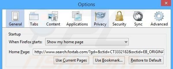 Eliminando search.foxtab.com de la página de inicio de Mozilla Firefox