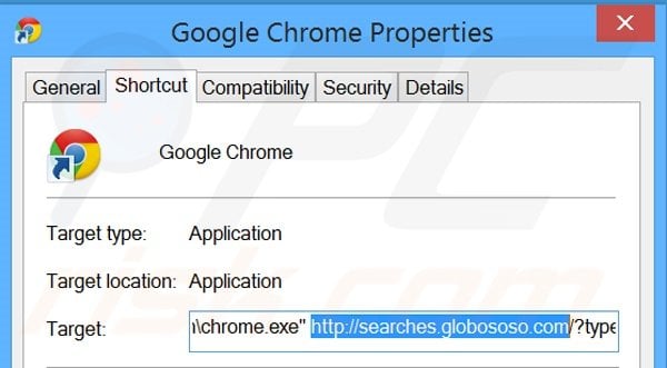 Eliminar searches.globososo.com del destino del acceso directo de Google Chrome paso 2