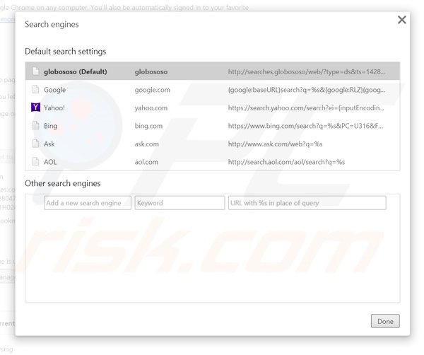 Eliminando searches.globososo.com del motor de búsqueda por defecto de Google Chrome