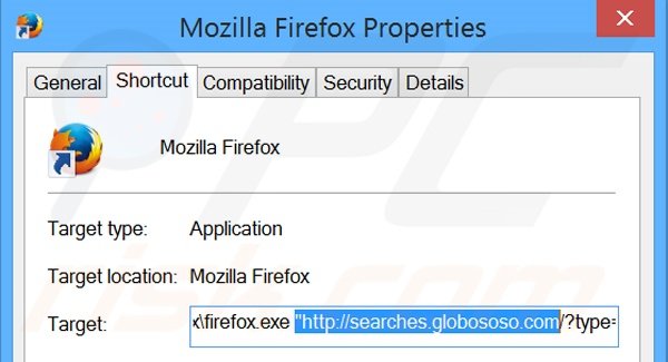 Eliminar searches.globososo.com del destino del acceso directo de Mozilla Firefox paso 2