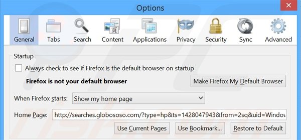 Eliminando searches.globososo.com de la página de inicio de Mozilla Firefox