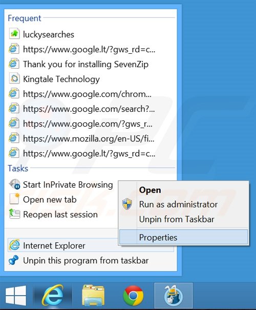 Eliminar searches.globososo.com del destino del acceso directo de Internet Explorer paso 1
