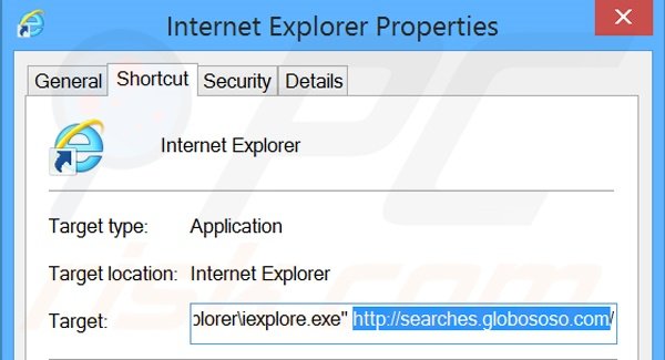 Eliminar searches.globososo.com del destino del acceso directo de Internet Explorer paso 2