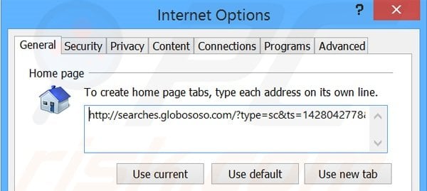 Eliminando searches.globososo.com de la página de inicio de Internet Explorer