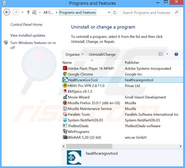 desinstalar el adware healthcaregovtool del Panel de control