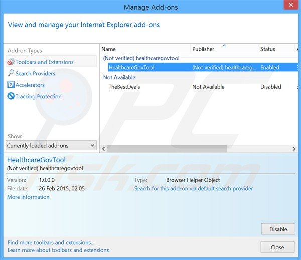 Eliminando los anuncios de healthcaregovtool de Internet Explorer paso 2