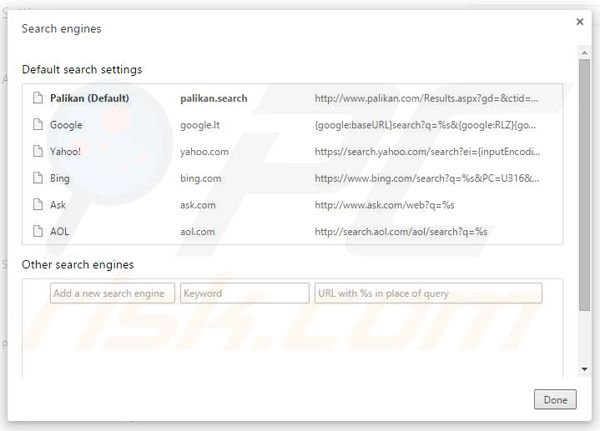 Eliminando palikan.com del motor de búsqueda por defecto de Google Chrome