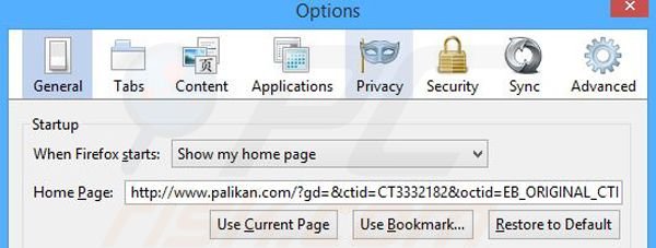 Eliminando palikan.com de la página de inicio de Mozilla Firefox