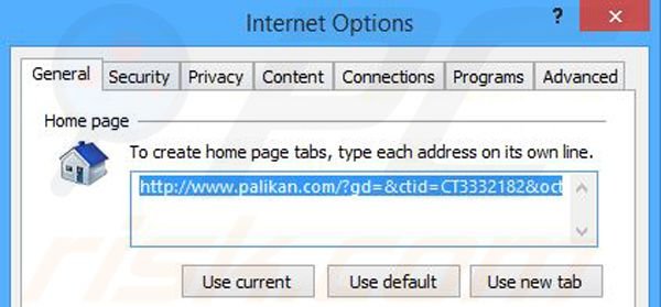 Eliminando palikan.com de la página de inicio de Internet Explorer