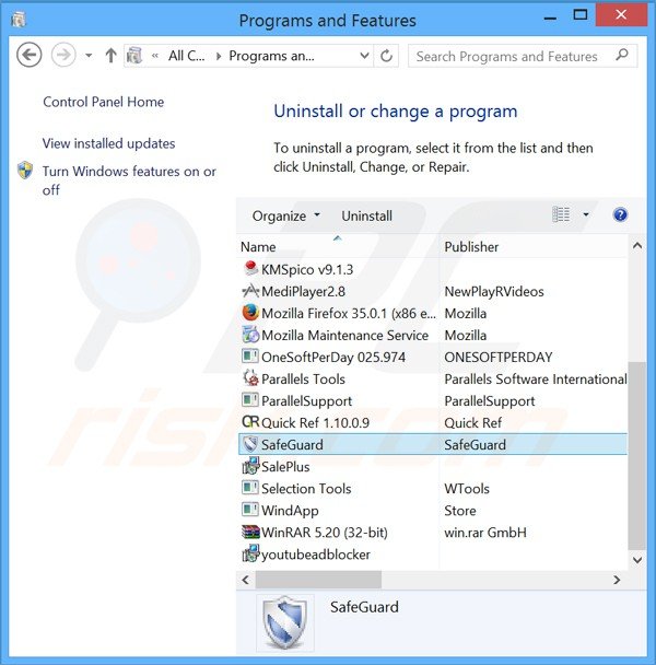 desinstalar el adware SafeGuard del Panel de control