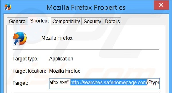 Eliminar searches.safehomepage.com del destino del acceso directo de Mozilla Firefox paso 2