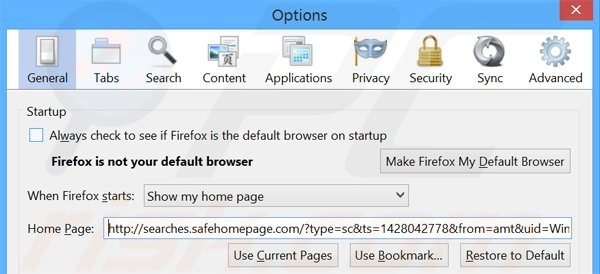 Eliminando searches.safehomepage.com de la página de inicio de Mozilla Firefox