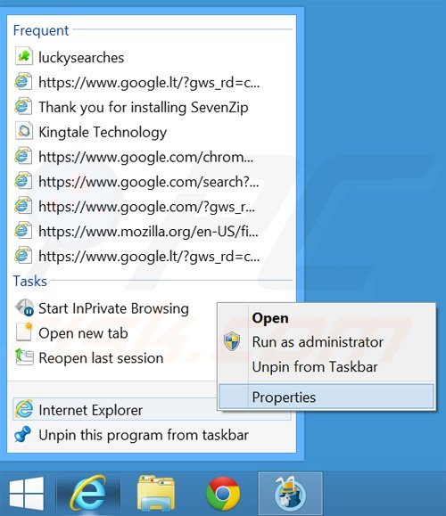 Eliminar searches.safehomepage.com del destino del acceso directo de Internet Explorer paso 1