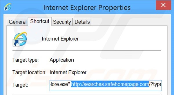 Eliminar searches.safehomepage.com del destino del acceso directo de Internet Explorer paso 2