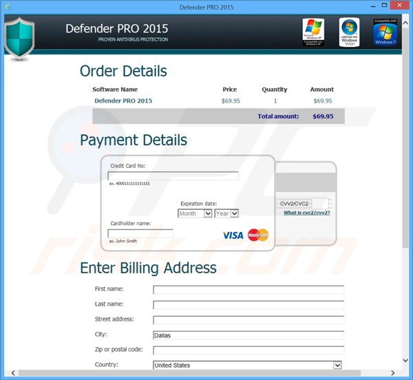 página de pago de la estafa Defender pro 2015