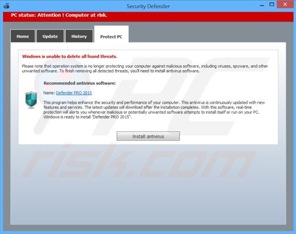 la estafa de security defender promocionando un antivirus inexistente que se llama defender pro 2015