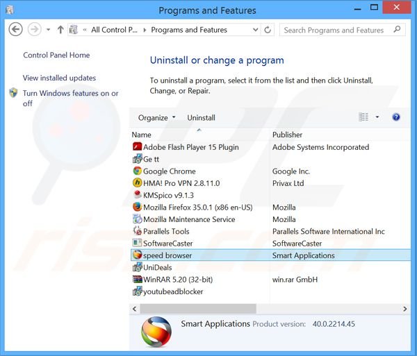 desinstalar el adware Speed browser del Panel de control