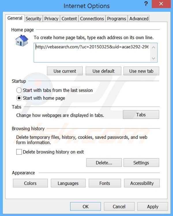 Eliminando vebasearch.com de la página de inicio de Internet Explorer
