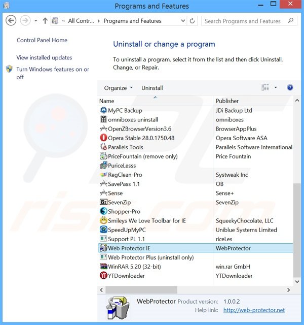 desinstalar el adware Web Protector del Panel de control