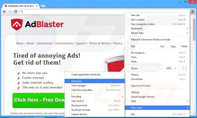 Eliminando los anuncios de Ad Blaster de Google Chrome paso 1