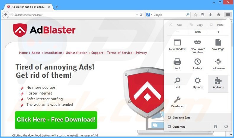 Eliminando los anuncios de Ad Blaster de Mozilla Firefox paso 1