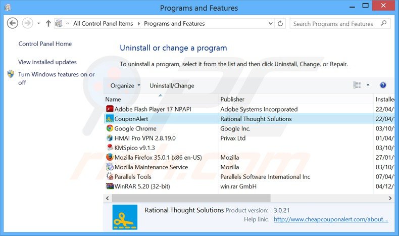 desinstalar el adware coupon alert del Panel de control