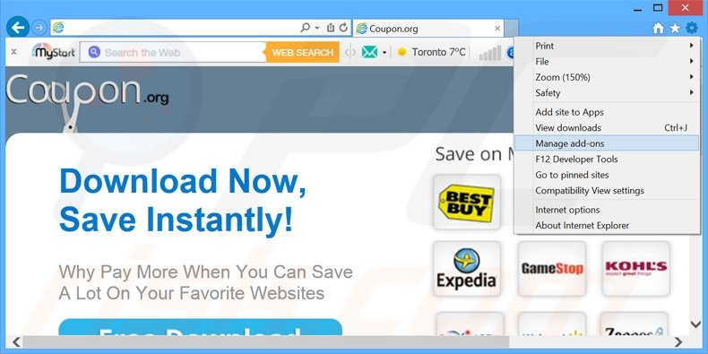 Eliminando los anuncios de Coupoon de Internet Explorer paso 1
