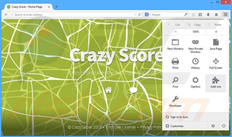 Eliminando los anuncios de Crazy Score de Mozilla Firefox paso 1