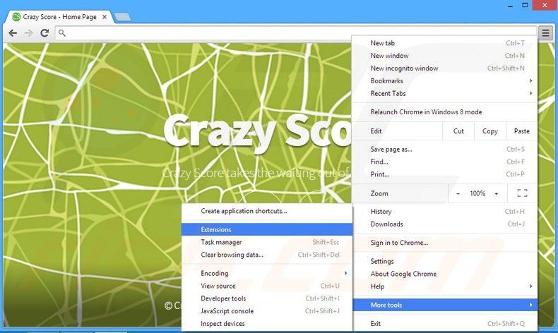 Eliminando los anuncios de Crazy Score de Google Chrome paso 1