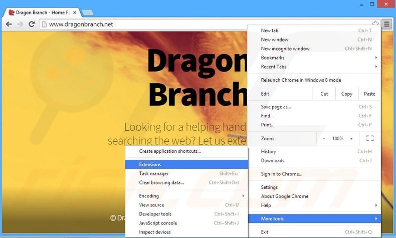 Eliminando los anuncios de Dragon Branch de Google Chrome paso 1