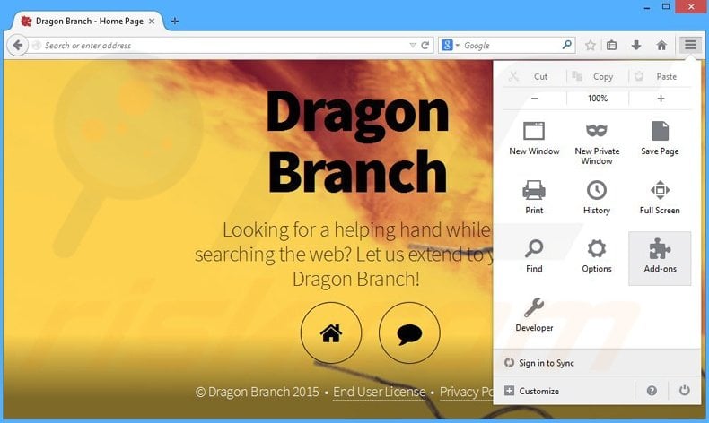 Eliminando los anuncios de Dragon Branch de Mozilla Firefox paso 1