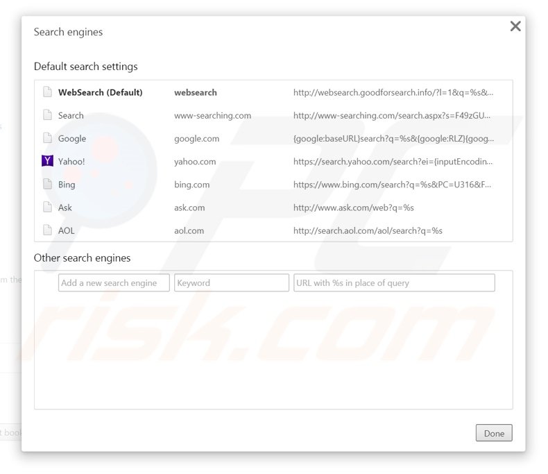 Eliminando websearch.goodforsearch.info del motor de búsqueda por defecto de Google Chrome