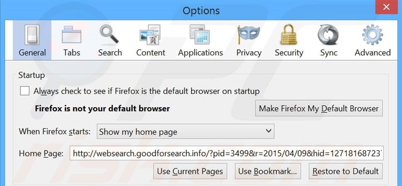 Eliminando websearch.goodforsearch.info de la página de inicio de Mozilla Firefox
