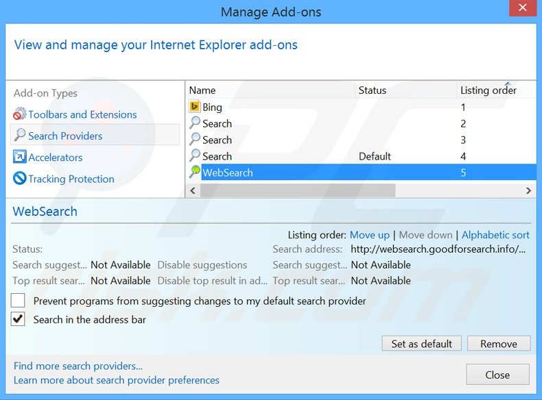 Eliminar websearch.goodforsearch.info del motor de búsqueda por defecto de Internet Explorer