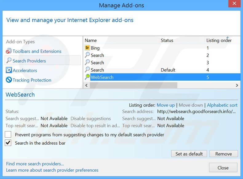 Eliminar websearch.goodforsearch.info del motor de búsqueda por defecto de Internet Explorer