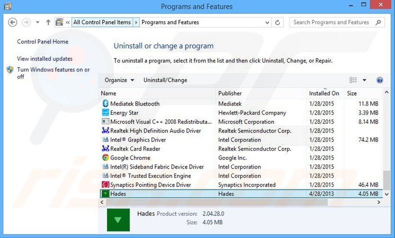 desinstalar el adware Hades del Panel de control