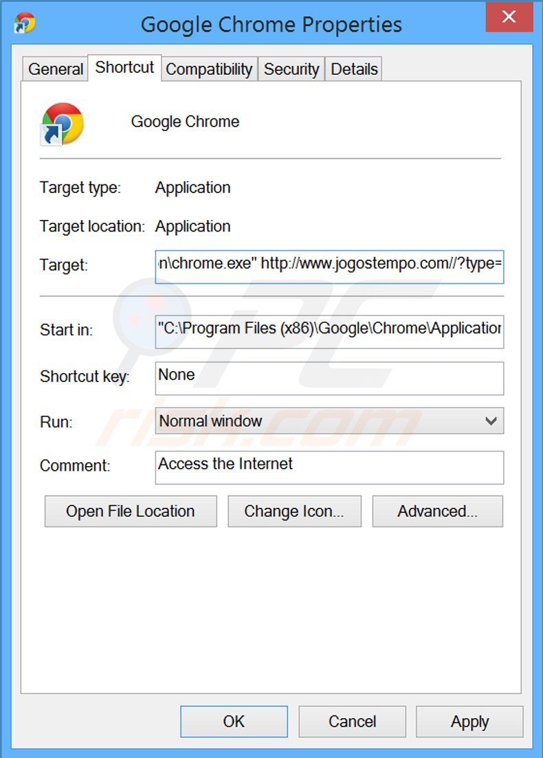Eliminar jogostempo.com del destino del acceso directo de Google Chrome paso 2