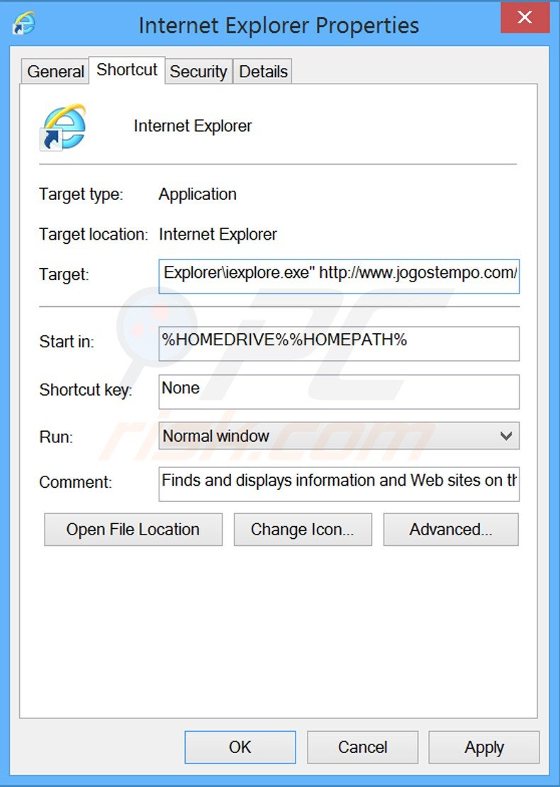 Eliminar jogostempo.com del destino del acceso directo de Internet Explorer paso 2