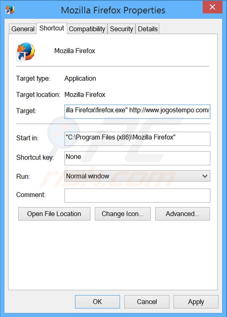 Eliminar jogostempo.com del destino del acceso directo de Mozilla Firefox paso 2