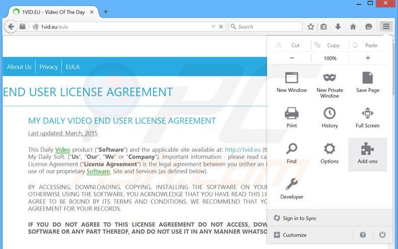Eliminando los anuncios de My Daily Video de Mozilla Firefox paso 1