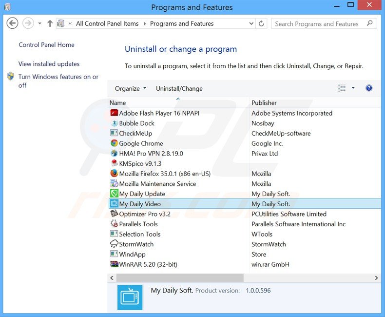 desinstalar el adware My Daily Video del Panel de control