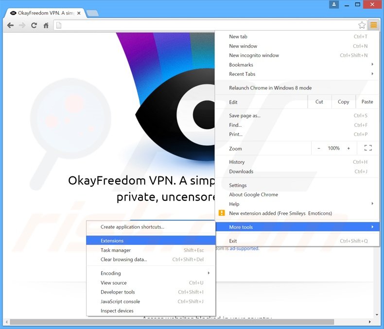 Eliminando los anuncios OkayFreedom de Google Chrome paso 1