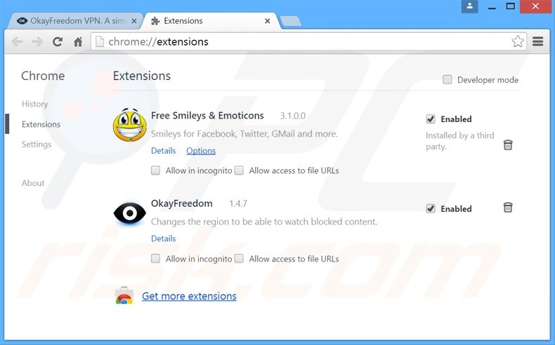 Eliminando los anuncios OkayFreedom de Google Chrome paso 2