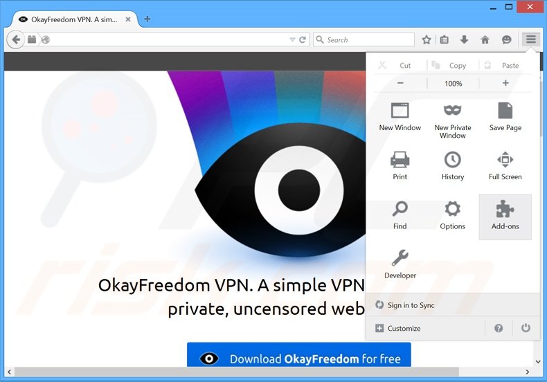 Eliminando los anuncios OkayFreedom de Mozilla Firefox paso 1
